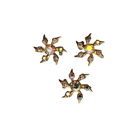 Vintage Set of 3 Small Sunburst Star Aurora Borealis Rhinestone Pins Brooches - Picture 1 of 3